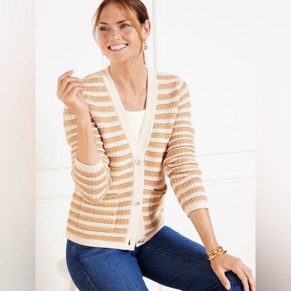 Talbots Gold Button-Front Kate Cardigan Sweater Stripped Pockets Women's Size M - Picture 1 of 9